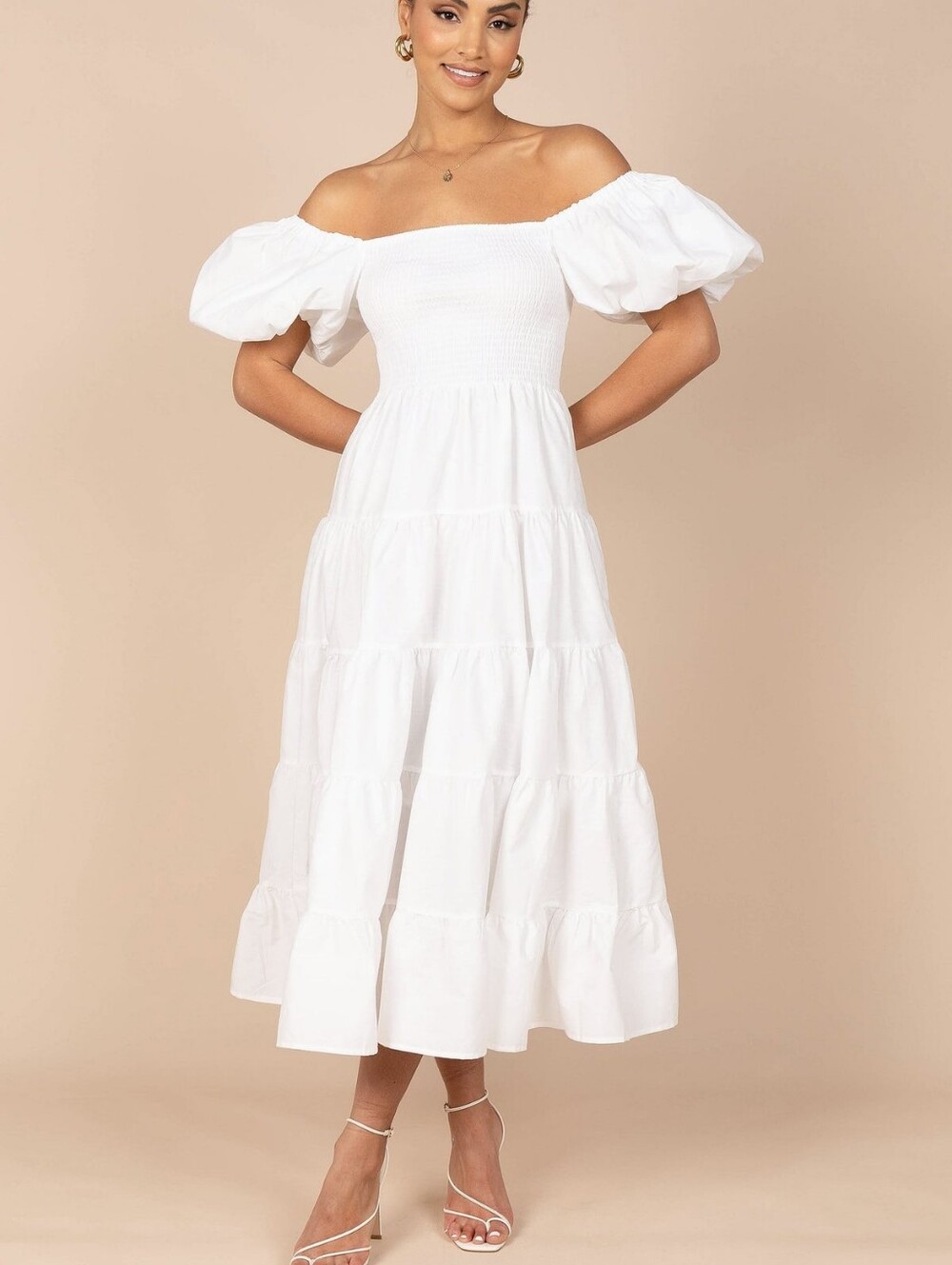 NWT petal & pup Annette Puff White Sleeve Shirred Midi Dress Size S - Picture 3 of 9